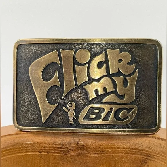 VINTAGE 1970s **FLICK MY BIC** BIC PEN CORPORATION ADVERTISEMENT BUCKLE​​​​​​​​​